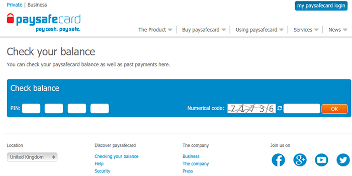 Check PaySafeCard Balance Screenshot of PaySafeCard check balance page