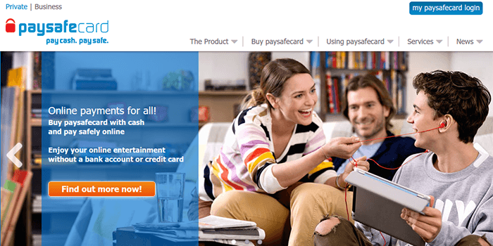PaySafeCard Screenshot of PaySafeCard home page