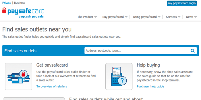 Purchse PaySafeCard Screenshot of PaySafeCard purchase information page