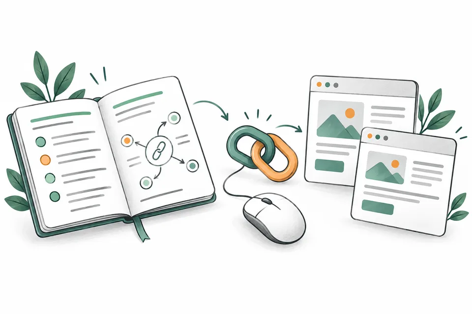 Notebook, browser windows and chain links illustrating website referrals