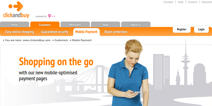 Captura de pantalla de la página de aplicación móvil y pagos de ClickandBuy