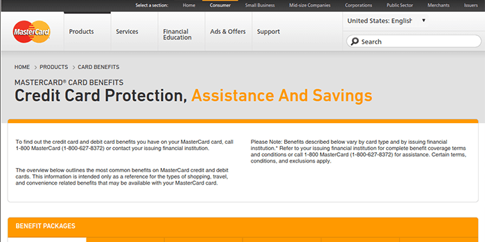 Captura de pantalla de la página de ventajas de MasterCard