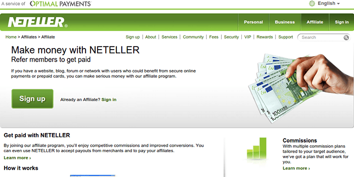 Captura de pantalla de la página de afiliados de Neteller