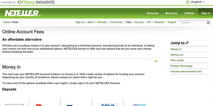 Captura de pantalla de la página de cuotas e impuestos de Neteller