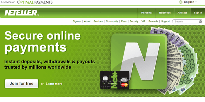 Captura de pantalla de la página inicial de Neteller