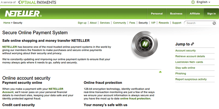 Captura de pantalla de la página de seguridad de Neteller