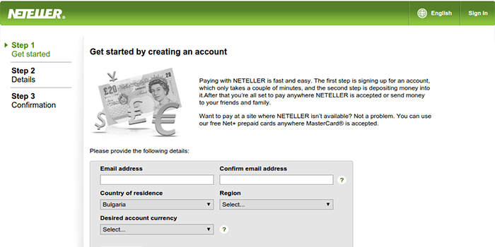 Captura de pantalla de la página de registro de Neteller