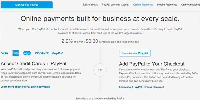 Captura de pantalla de la página de cuotas e impuestos de PayPal