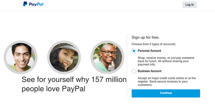 Captura de pantalla de la página de registro de PayPal