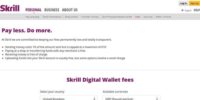 Captura de pantalla de la página de cuotas e impuestos de Skrill