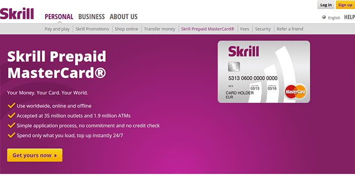 Captura de pantalla de la página de tarjeta de prepago de Skrill