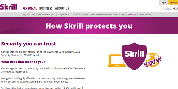Captura de pantalla de la página de seguridad de Skrill