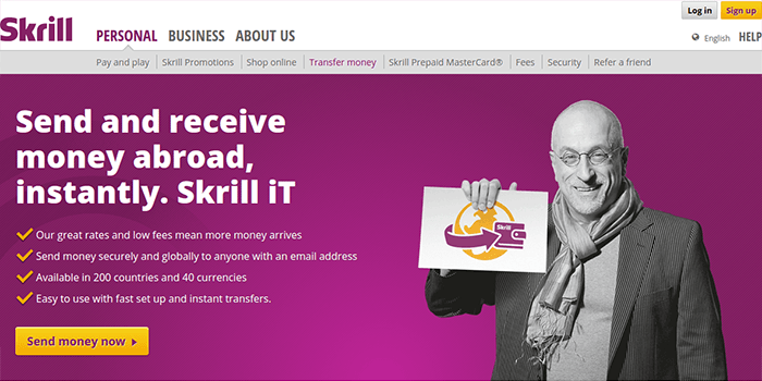 Captura de pantalla de la página de transferir dinero de Skrill