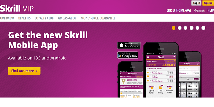 Captura de pantalla de la página de programa VIP de Skrill