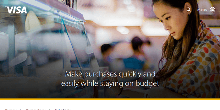 Screenshot of Visa debit card page